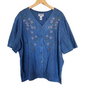 Vintage Alfred Dunner Plus Size 24W Denim Button-Down Blouse Embroidered Floral